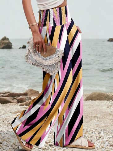 JZC Womens Wide Leg Pants Elastic High Waisted Palazzo Pants Summer Flowy Casual Trousers Beach Travel Vacation Outfits in Saudi Arabia