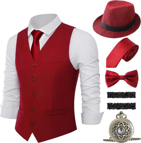 Coucoland 1920s Mens Costume, Gatsby Gangster Costume Vest Set, 1920s Hat Vest Pocket Watch Suspenders Tie in Kuwait