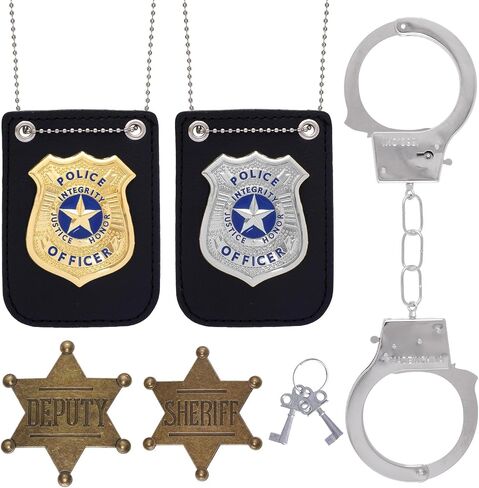 5Pcs Police Costume Accessories for Adults - Police Badge Sheriff Deputy Badge Fake Handcuffs with Keys Set, Detective Cop Spy Agent Costume Accessories for Halloween in Kuwait