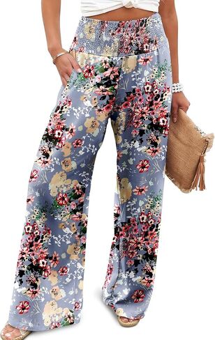 JZC Womens Wide Leg Pants Elastic High Waisted Palazzo Pants Summer Flowy Casual Trousers Beach Travel Vacation Outfits in Saudi Arabia