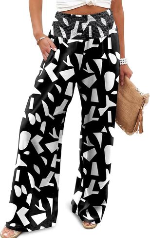 JZC Womens Wide Leg Pants Elastic High Waisted Palazzo Pants Summer Flowy Casual Trousers Beach Travel Vacation Outfits in Saudi Arabia