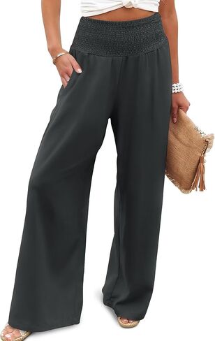 JZC Womens Wide Leg Pants Elastic High Waisted Palazzo Pants Summer Flowy Casual Trousers Beach Travel Vacation Outfits in Saudi Arabia