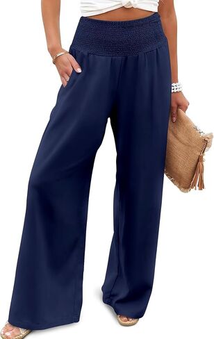 JZC Womens Wide Leg Pants Elastic High Waisted Palazzo Pants Summer Flowy Casual Trousers Beach Travel Vacation Outfits in Saudi Arabia