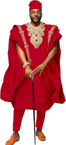 African Men's Clothing Embroidery Agbada Shirts Pants and Hats 4 Piece Set Garments for Wedding Evening in Saudi Arabia