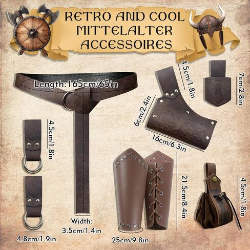 Xerteam 8 Pcs Renaissance Accessories Men & Women, Renaissance Costume mit Belt Men & Belt Pouch Renaissance & Retro Leather Bracers, Retro Set for Halloween, 70s & 80s Party Brown in Saudi Arabia