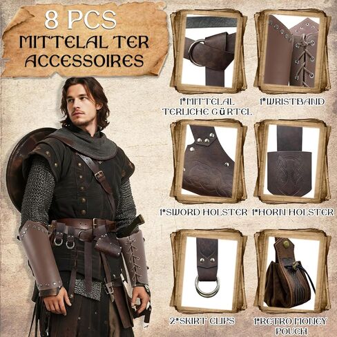 Xerteam 8 Pcs Renaissance Accessories Men & Women, Renaissance Costume mit Belt Men & Belt Pouch Renaissance & Retro Leather Bracers, Retro Set for Halloween, 70s & 80s Party Brown in Saudi Arabia