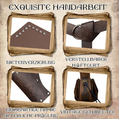 Xerteam 8 Pcs Renaissance Accessories Men & Women, Renaissance Costume mit Belt Men & Belt Pouch Renaissance & Retro Leather Bracers, Retro Set for Halloween, 70s & 80s Party Brown in Saudi Arabia