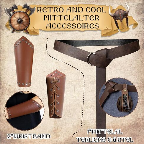 Xerteam 8 Pcs Renaissance Accessories Men & Women, Renaissance Costume mit Belt Men & Belt Pouch Renaissance & Retro Leather Bracers, Retro Set for Halloween, 70s & 80s Party Brown in Saudi Arabia