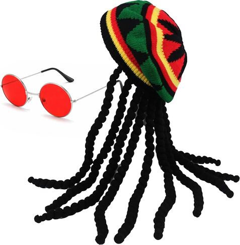 Rasta Hat with Dreadlock Wig and Round Frame Yellow Lense Glasses - Jamaican Reggae Costume Set for Men & Women in Saudi Arabia
