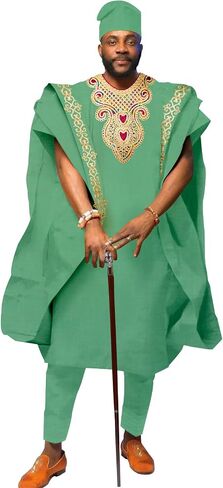 African Men's Clothing Embroidery Agbada Shirts Pants and Hats 4 Piece Set Garments for Wedding Evening in Saudi Arabia