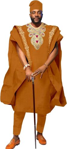 African Men's Clothing Embroidery Agbada Shirts Pants and Hats 4 Piece Set Garments for Wedding Evening in Saudi Arabia