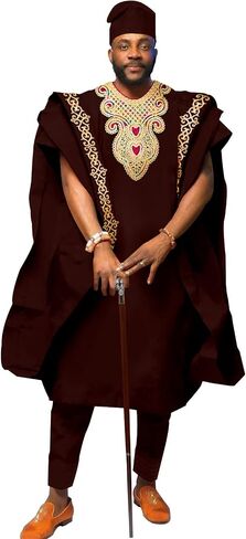 African Men's Clothing Embroidery Agbada Shirts Pants and Hats 4 Piece Set Garments for Wedding Evening in Saudi Arabia