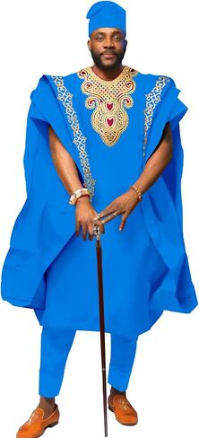 African Men's Clothing Embroidery Agbada Shirts Pants and Hats 4 Piece Set Garments for Wedding Evening in Saudi Arabia