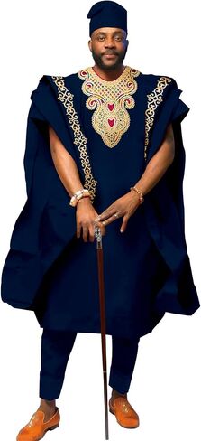 African Men's Clothing Embroidery Agbada Shirts Pants and Hats 4 Piece Set Garments for Wedding Evening in Saudi Arabia