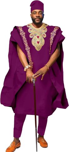 African Men's Clothing Embroidery Agbada Shirts Pants and Hats 4 Piece Set Garments for Wedding Evening in Saudi Arabia
