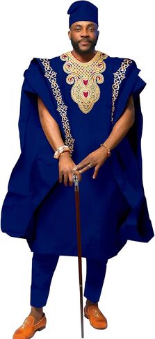 African Men's Clothing Embroidery Agbada Shirts Pants and Hats 4 Piece Set Garments for Wedding Evening in Saudi Arabia
