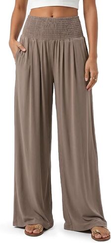 Zylioo Wide Leg Pants for Tall Women Palazzo Pants High Waisted Flowy Vacation Casual Trousers with Pockets Coffee in Kuwait