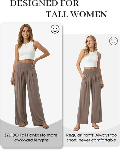 Zylioo Wide Leg Pants for Tall Women Palazzo Pants High Waisted Flowy Vacation Casual Trousers with Pockets Coffee in Kuwait