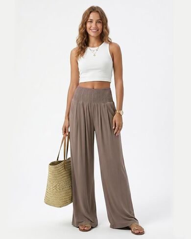 Zylioo Wide Leg Pants for Tall Women Palazzo Pants High Waisted Flowy Vacation Casual Trousers with Pockets Coffee in Kuwait