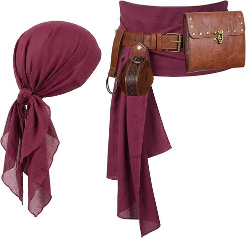 Pirate Costume Accessories Belt Set - Pirate Bandana Head Scarf Waist Sash with Medieval Belt Purse for Halloween in Saudi Arabia