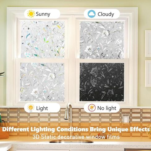 Window Privacy Film, 3D Static Cling Frosted Sticker, Decorative Sun Blocking Window Film, Rainbow Tulip (11.8×39.4in) in Kuwait