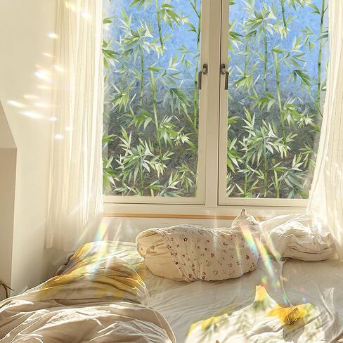Runtoo Window Privacy Film Rainbow Bamboo Window Clings 3D ديكور الفينيل الزجاج الملون النباتات الخضراء الشارات ملصق ثابت غير لاصق، 15.75 × 40 بوصة in Kuwait
