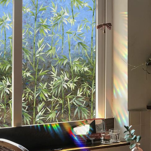 Runtoo Window Privacy Film Rainbow Bamboo Window Clings 3D ديكور الفينيل الزجاج الملون النباتات الخضراء الشارات ملصق ثابت غير لاصق، 15.75 × 40 بوصة in Kuwait