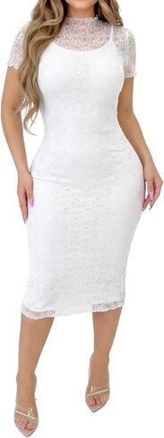 Fastkoala Women Sexy 2 Piece Lace Dress Set Short Sleeve Bodycon Midi Dress See Through Mesh Club Party Dresses in Kuwait