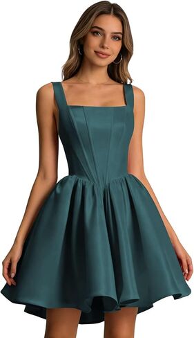 Women's Satin Square Neck Homecoming Dress 2026 Short A Line Corset Back Prom Cocktail Party Gown H002 in Saudi Arabia