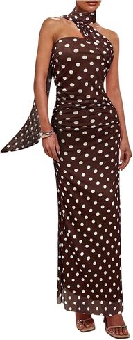 Milumia Women's Polka Dots Mesh Halter Dress Elegant Ruched Bodycon Maxi Dresses with Scarf in Saudi Arabia