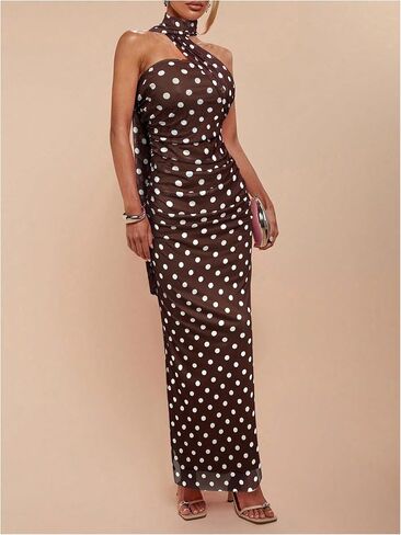 Milumia Women's Polka Dots Mesh Halter Dress Elegant Ruched Bodycon Maxi Dresses with Scarf in Saudi Arabia