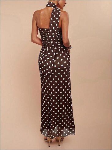 Milumia Women's Polka Dots Mesh Halter Dress Elegant Ruched Bodycon Maxi Dresses with Scarf in Saudi Arabia