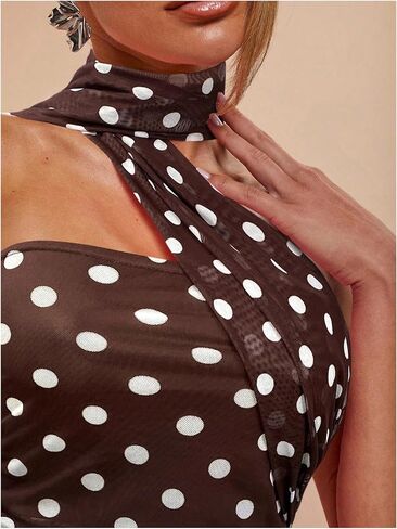 Milumia Women's Polka Dots Mesh Halter Dress Elegant Ruched Bodycon Maxi Dresses with Scarf in Saudi Arabia