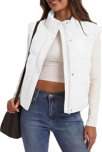 SMENG Womens Puffer Vest Sleeveless Cropped Stand Collar Button Zip Up Slanted Shoulder Warm Outerwear in Saudi Arabia