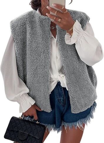 Wyeysyt Fleece Vest Women Fuzzy Sherpa Sleeveless Vest Open Front Casual Faux Fur Vests with Pocket in Kuwait
