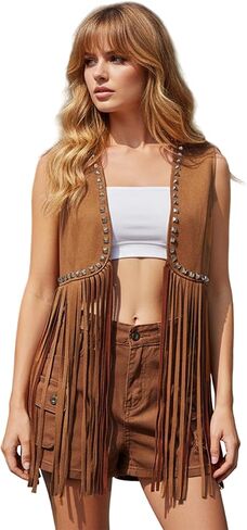 Women Tassel Studded Vest Sleeveless Flowy Fringe Jacket 60s 70s Faux Suede Gilet Coat Western Cowgirl Vintage Tops in Kuwait