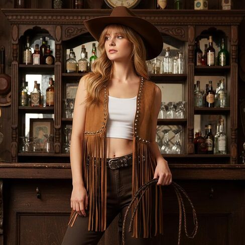 Women Tassel Studded Vest Sleeveless Flowy Fringe Jacket 60s 70s Faux Suede Gilet Coat Western Cowgirl Vintage Tops in Kuwait
