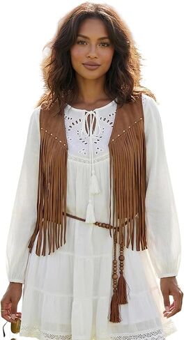 Women Tassel Studded Vest Sleeveless Flowy Fringe Jacket 60s 70s Faux Suede Gilet Coat Western Cowgirl Vintage Tops in Kuwait