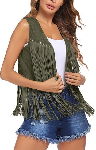 Women Tassel Studded Vest Sleeveless Flowy Fringe Jacket 60s 70s Faux Suede Gilet Coat Western Cowgirl Vintage Tops in Kuwait