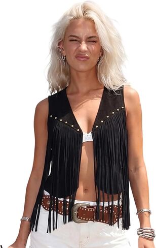 Women Tassel Studded Vest Sleeveless Flowy Fringe Jacket 60s 70s Faux Suede Gilet Coat Western Cowgirl Vintage Tops in Kuwait