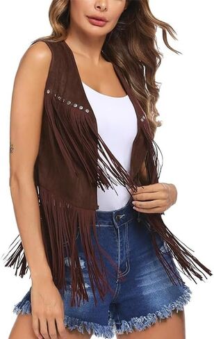 Women Tassel Studded Vest Sleeveless Flowy Fringe Jacket 60s 70s Faux Suede Gilet Coat Western Cowgirl Vintage Tops in Kuwait