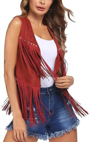 Women Tassel Studded Vest Sleeveless Flowy Fringe Jacket 60s 70s Faux Suede Gilet Coat Western Cowgirl Vintage Tops in Kuwait