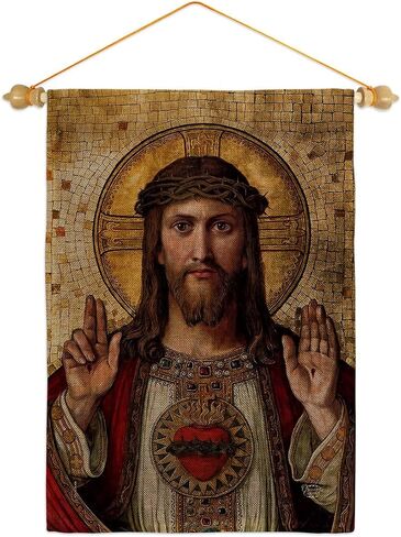 Feast of Sacred Heart of Jesus Canvas Burlap Flag Wood Dowel Set Burlap Wall Hanging Decor Home Porch Religious Room Tapestry Faith Fathers Day Cemetery Decorations for Grave Yard Catholic Gifts in Saudi Arabia