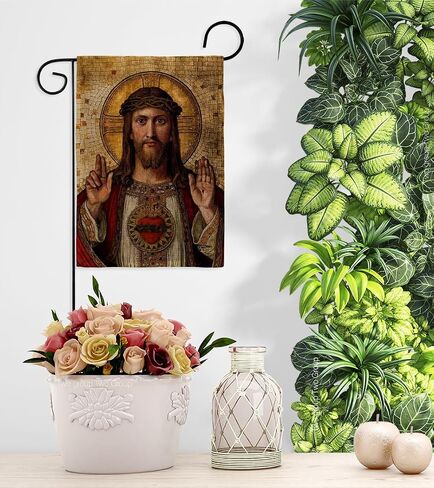 Feast of Sacred Heart of Jesus Canvas Burlap Flag Wood Dowel Set Burlap Wall Hanging Decor Home Porch Religious Room Tapestry Faith Fathers Day Cemetery Decorations for Grave Yard Catholic Gifts in Saudi Arabia
