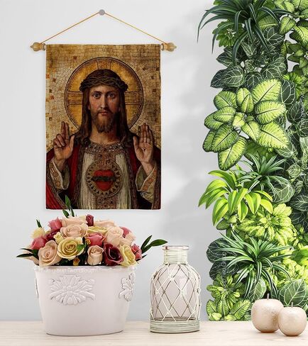 Feast of Sacred Heart of Jesus Canvas Burlap Flag Wood Dowel Set Burlap Wall Hanging Decor Home Porch Religious Room Tapestry Faith Fathers Day Cemetery Decorations for Grave Yard Catholic Gifts in Saudi Arabia