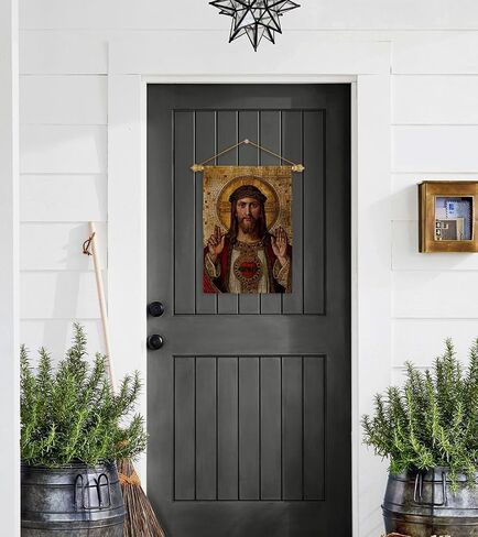Feast of Sacred Heart of Jesus Canvas Burlap Flag Wood Dowel Set Burlap Wall Hanging Decor Home Porch Religious Room Tapestry Faith Fathers Day Cemetery Decorations for Grave Yard Catholic Gifts in Saudi Arabia