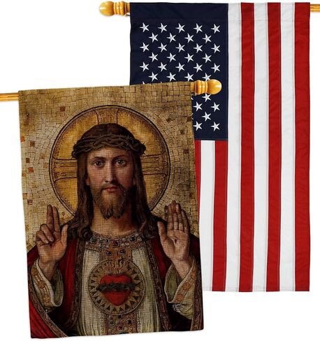 Feast of Sacred Heart of Jesus Canvas Burlap Flag Embroidered American Flags Wall Hanging Decor Home Religious Room Tapestry Faith Fathers Day Cemetery Decorations for Grave Yard Catholic Gifts in Saudi Arabia