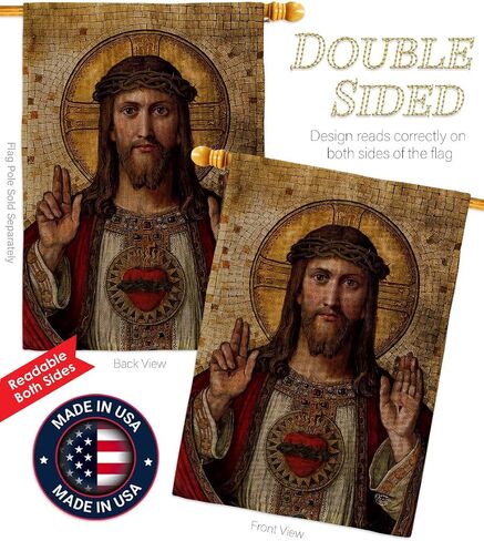 Feast of Sacred Heart of Jesus Canvas Burlap Flag Embroidered American Flags Wall Hanging Decor Home Religious Room Tapestry Faith Fathers Day Cemetery Decorations for Grave Yard Catholic Gifts in Saudi Arabia