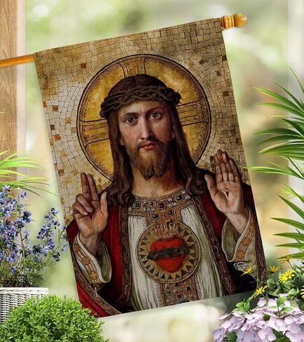 Feast of Sacred Heart of Jesus Canvas Tapestry Wall Hanging Decor Home Porch Balcony Lawn Religious Room Tapestry Faith Fathers Day Cemetery Decorations for Grave Yard Catholic Gifts in Saudi Arabia