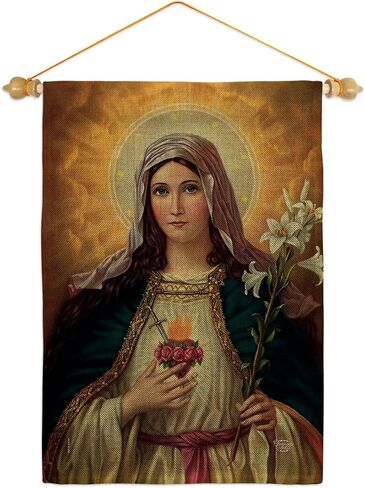 Feast of The Immaculate Heart of Mary Burlap Flag Wood Dowel Set Burlap Wall Hanging Decor Home Porch Religious Canvas Room Tapestry Faith Cemetery Decorations for Grave Yard Sign Catholic Gift in Saudi Arabia